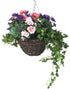 Artificial Purple Pansy, Pink Azalea and Geranium Display in a 12" Round Willow Hanging Basket